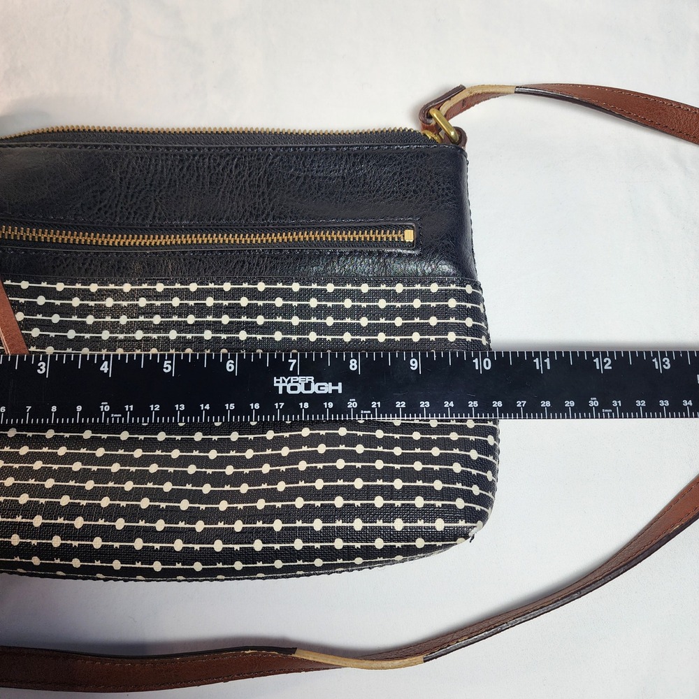 Fossil Fiona Leather Canvas Crossbody Bag Black Brown Zip Top Adjustable Strap - Picture 10 of 14